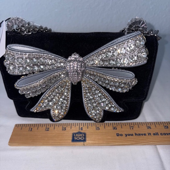 Kurt Geiger Black Velvet Crystal Bow Crossbody Bag Mini Shoulder Chain Purse new - Picture 6 of 8